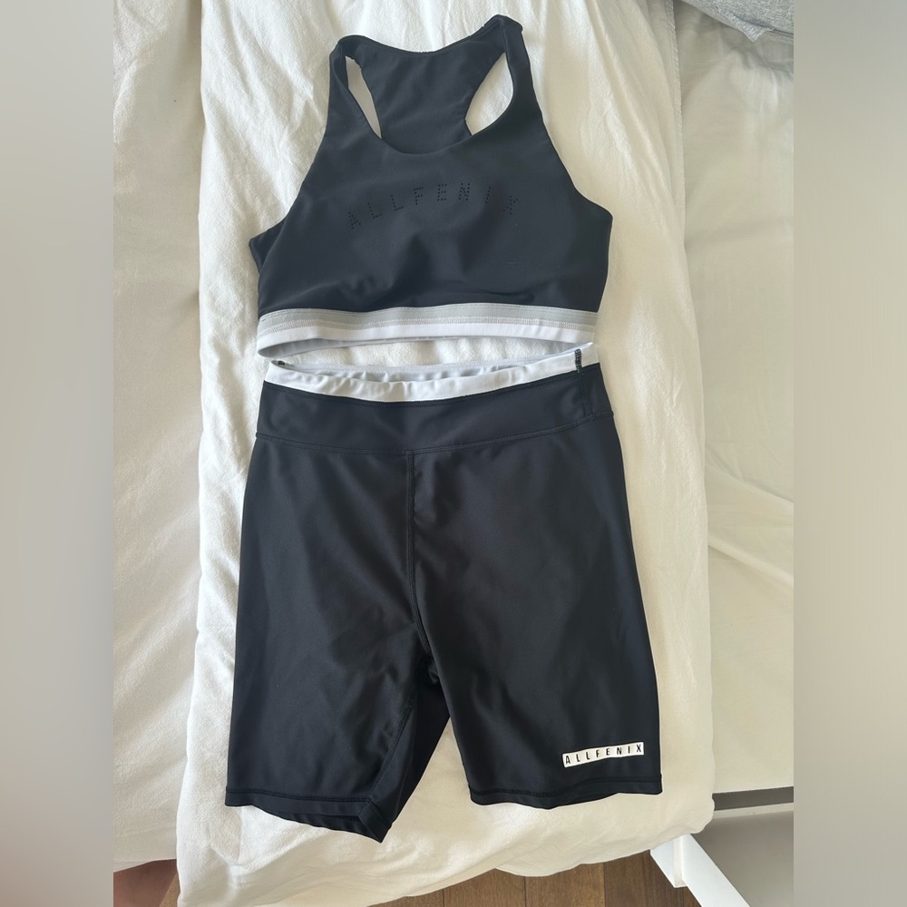 ALLFENIX Black and Gray Activewear Set Biker Shorts and Sports Bra